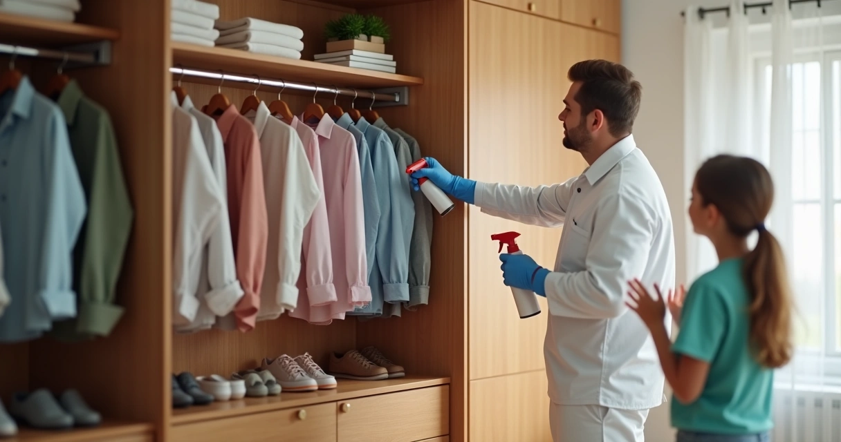 Profissional aplicando dedetização segura em armário de roupas. 