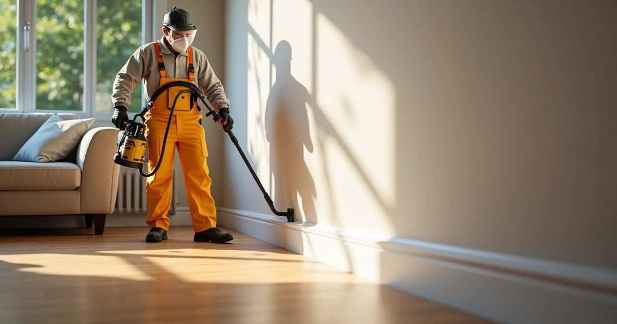 Técnico realizando dedetização em uma casa 