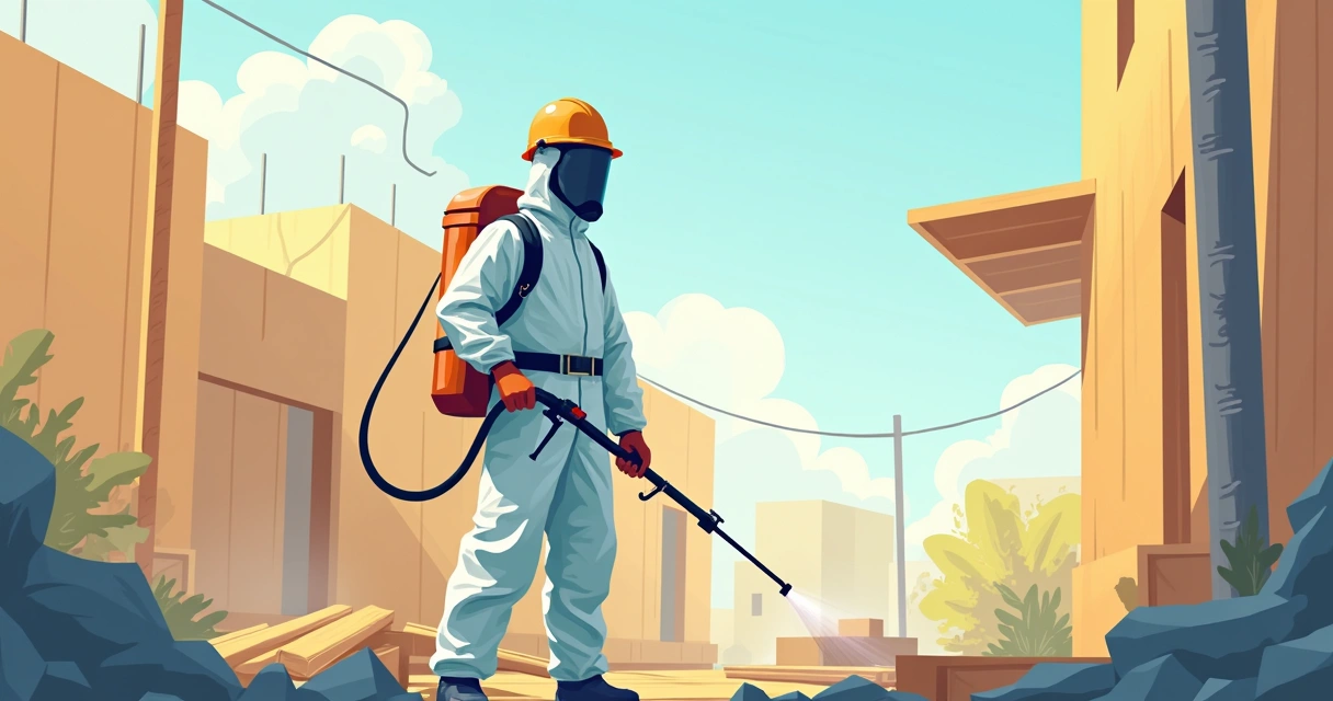 Técnico de dedetização usando equipamentos de proteção em ambiente de obra 