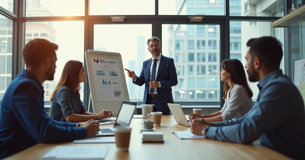 Franqueado instruindo equipe em reunião, mostrando liderança e engajamento.