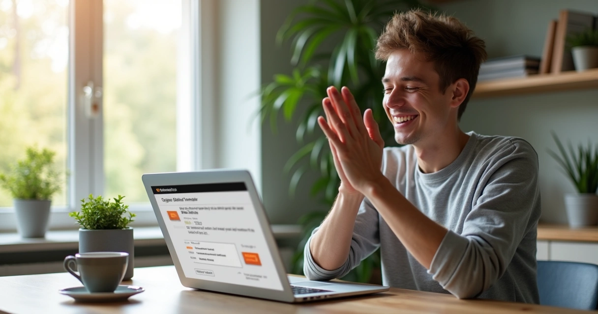 Person excitedly looking at their laptop after transferring to a savings account
