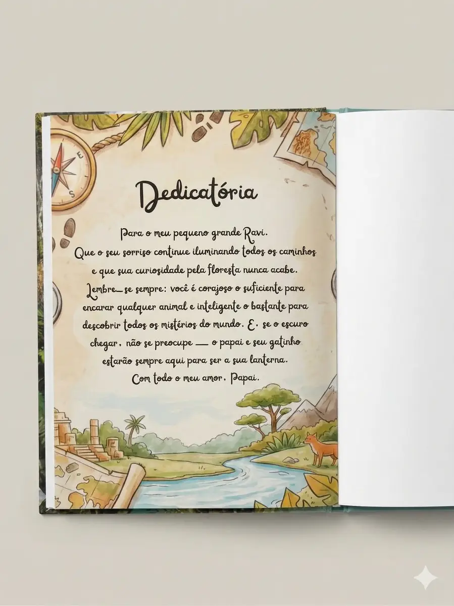 Página de dedicatória em livro infantil com ilustração de floresta e rio