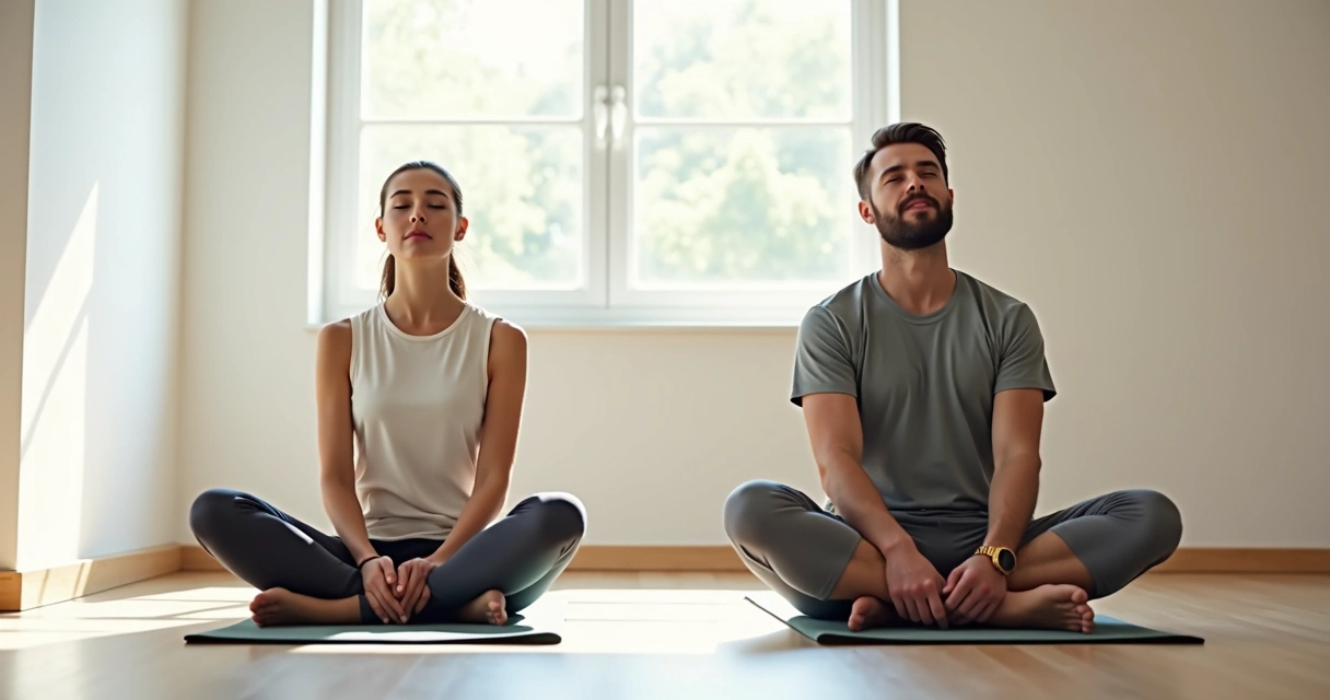 Person sitting cross-legged in meditation, focusing on breath with calm expression. 