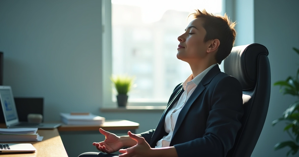 Person sitting in a chair practicing slow breathing 