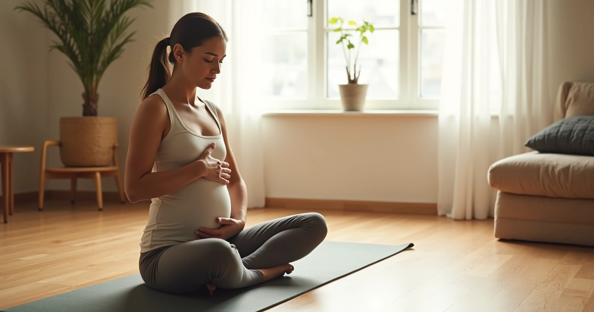 Person sitting on a yoga mat, hands on belly, practicing deep breathing 
