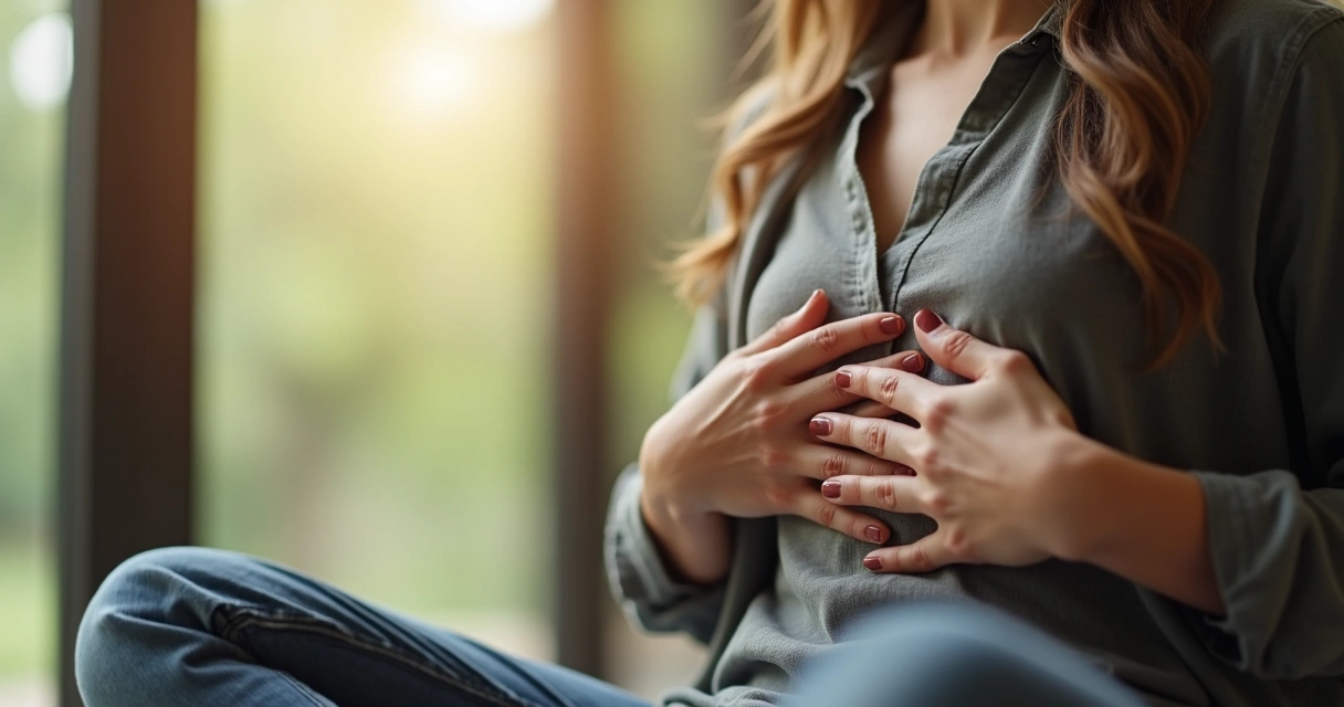 Person practicing deep breathing with hands on chest 