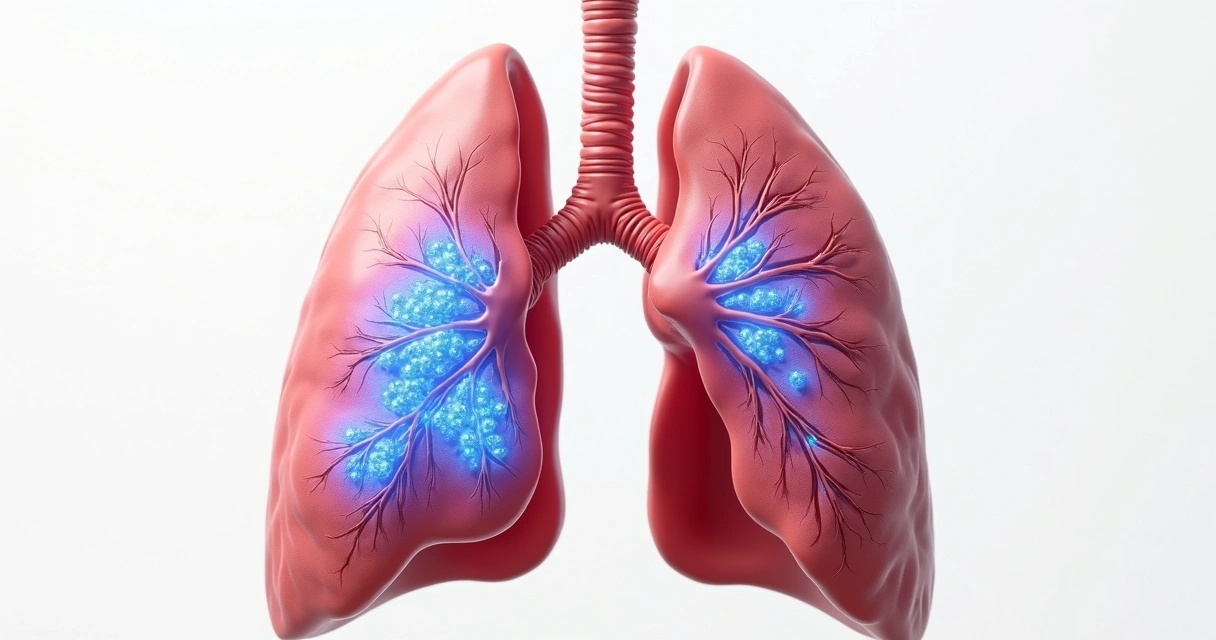 Illustration of human lungs with highlighted air sacs during a deep breath 