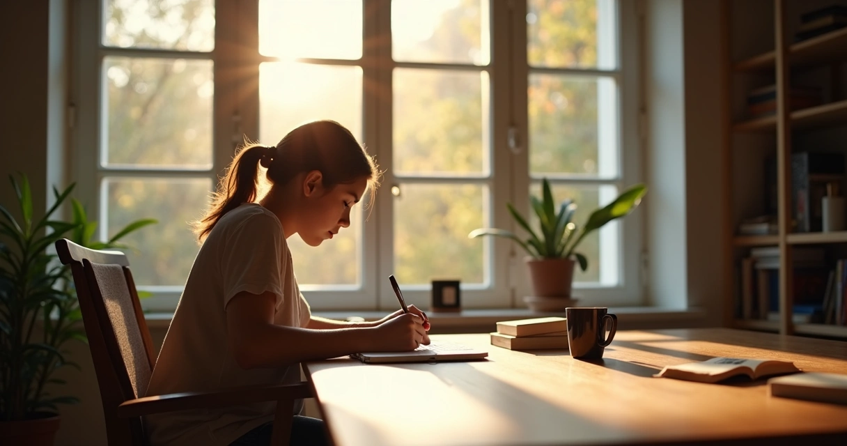 Person working with deep concentration at a desk with natural light