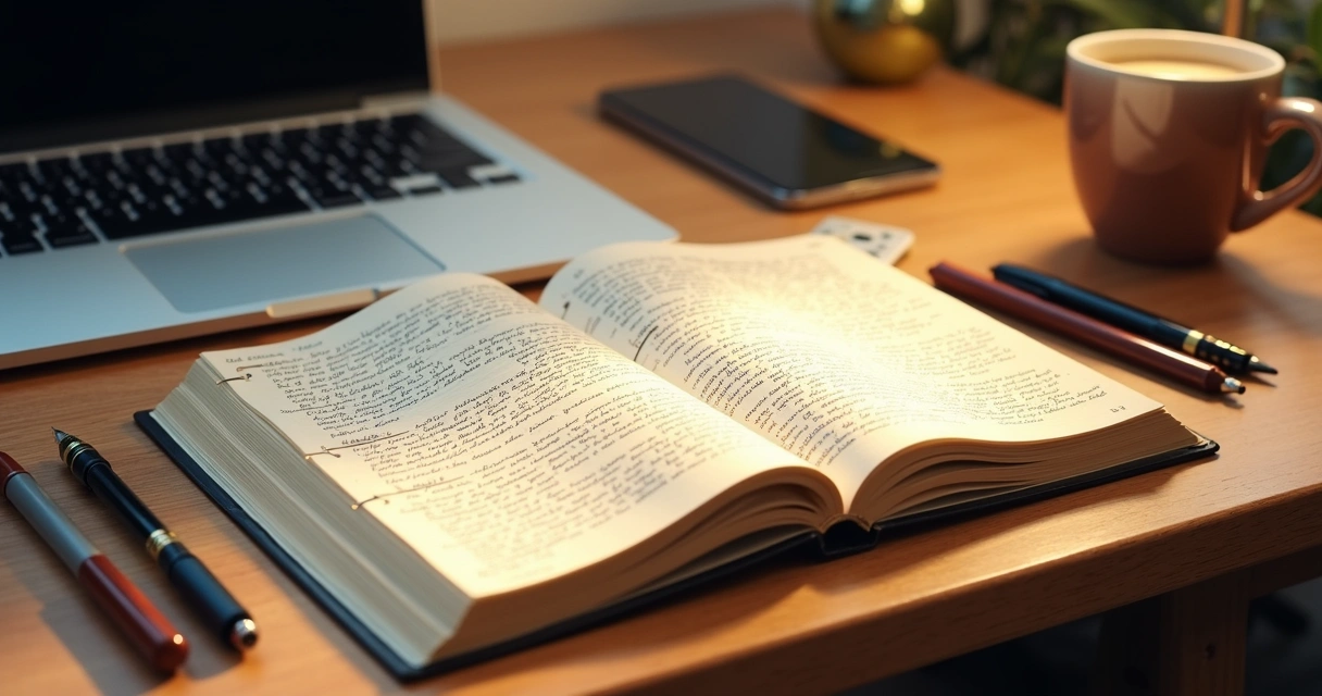 Open journal with detailed self-reflection entries on a wooden desk 