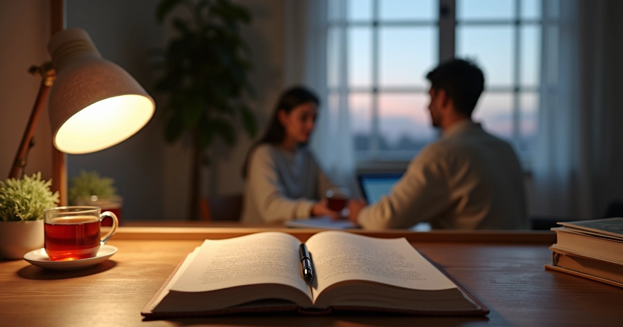 Person journaling in front of a mirror with layered reflections 