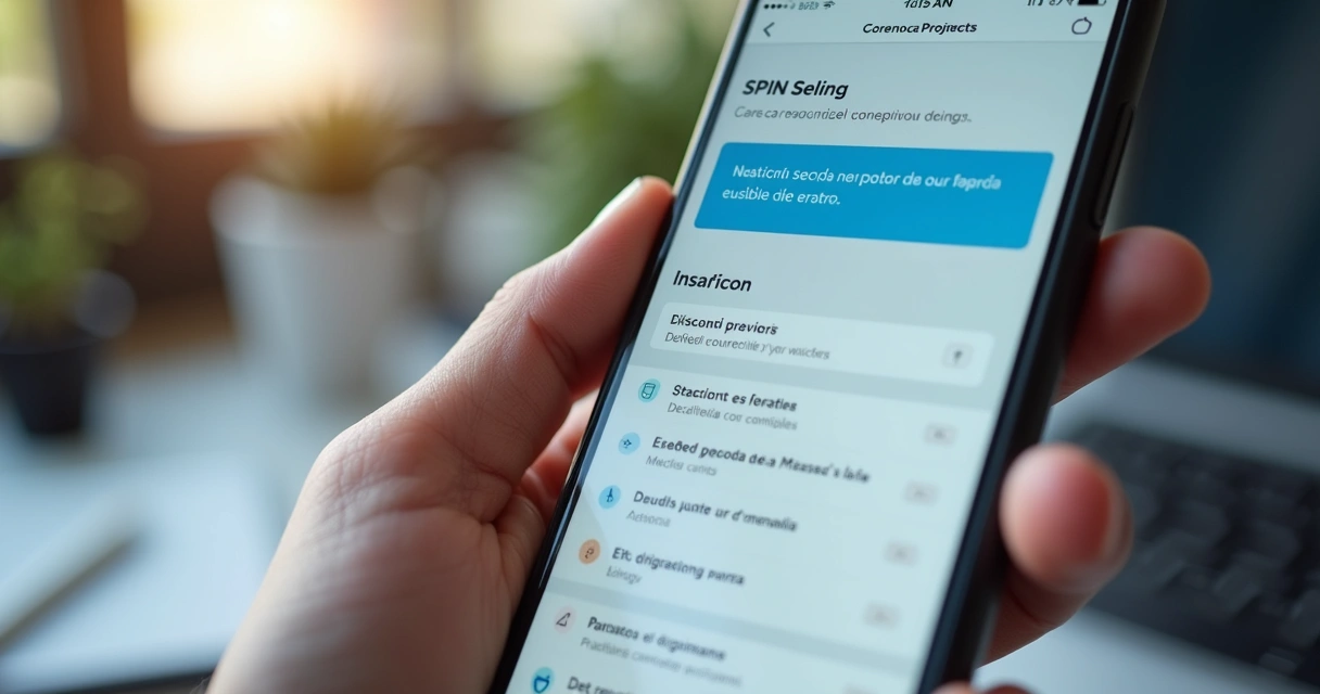Tela de aplicativo de CRM simples mostrando perguntas do SPIN e lista de negócios