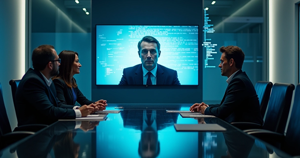 Business meeting with a screen showing a deepfake video call. 