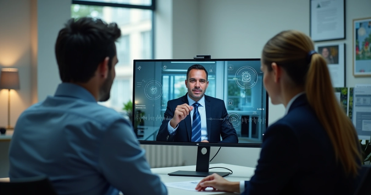 Reunião em escritório contábil com deepfake em tela de computador 