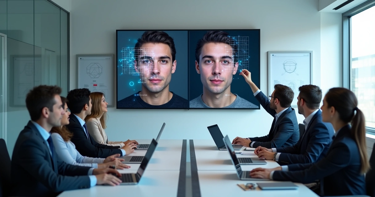 Professional studying overlapping real and fake digital faces on a large screen 