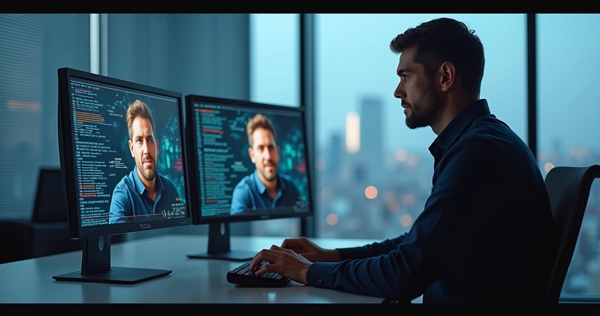 Pessoa confusa diante de duas telas, uma com imagem real e outra deepfake 