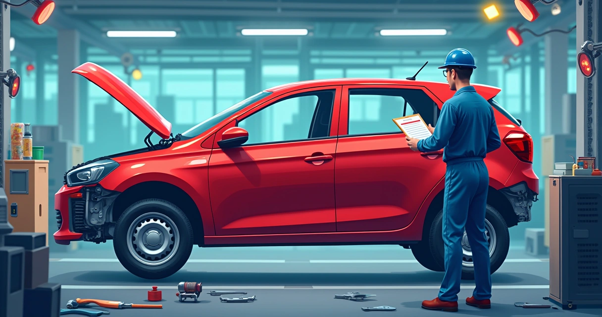 Ilustração de linha de montagem de fábrica com carro vermelho parcialmente montado e erro sendo inspecionado.