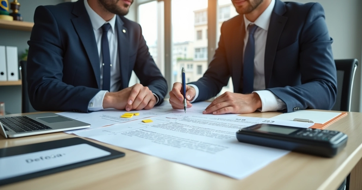 Gestor analisa notificação de autuação por controle de ponto ao lado de advogado em escritório 