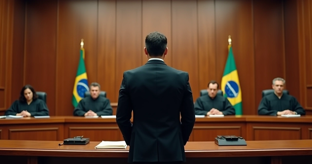 Advogado criminalista argumentando diante de ministros em tribunal superior em Brasília 