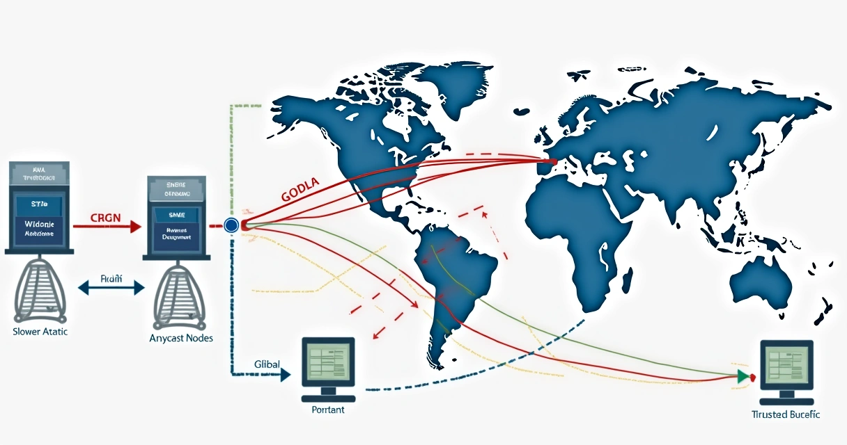 Diagrama de rede com múltiplas camadas de defesa, firewall, WAF e conexões globais.
