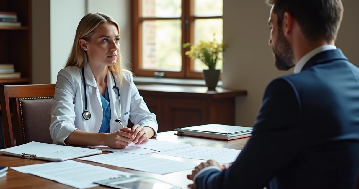 Advogado e médica revisando documentos em mesa de reunião. 