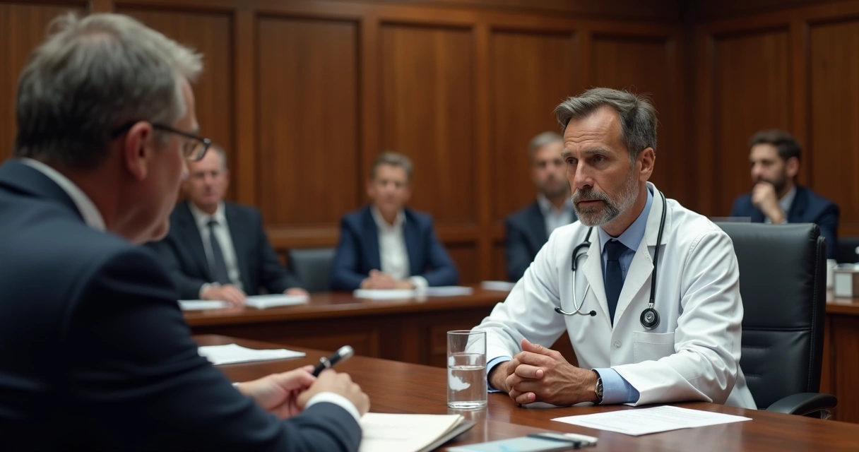 Médico e advogado juntos diante de comissão do CRM, sala oficial, postura de defesa