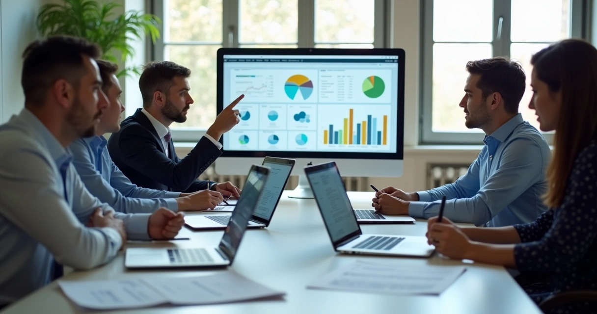 Reunião de equipe analisando dados de ICP na mesa 