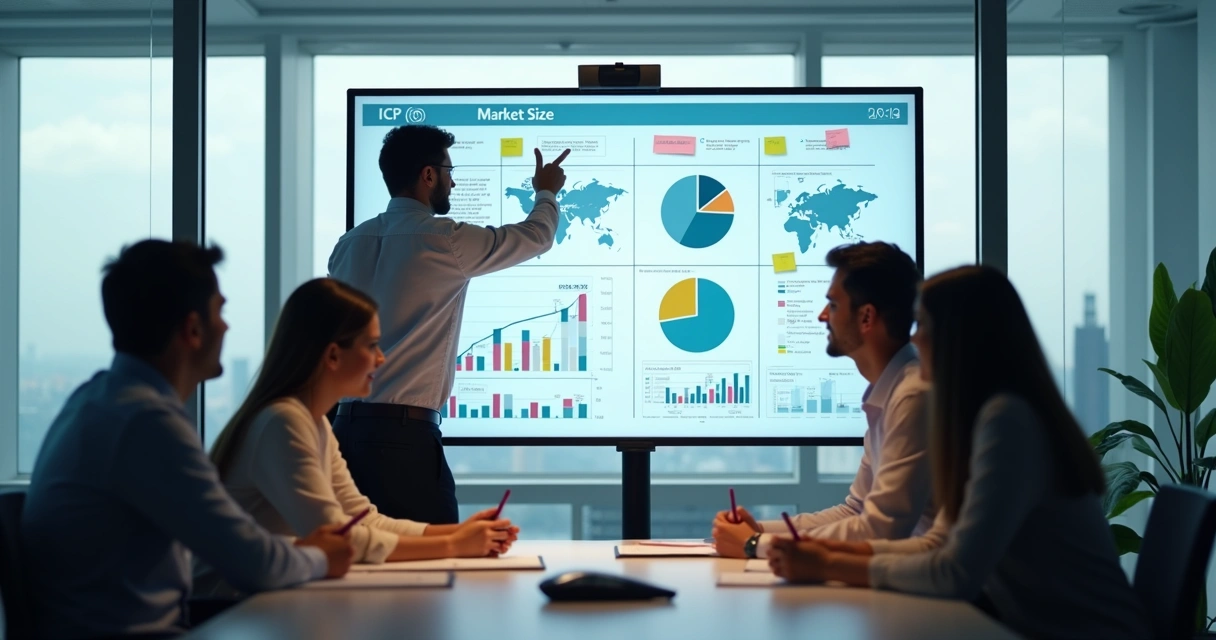 Equipe analisando gráficos para definir ICP, com anotações em lousa digital 