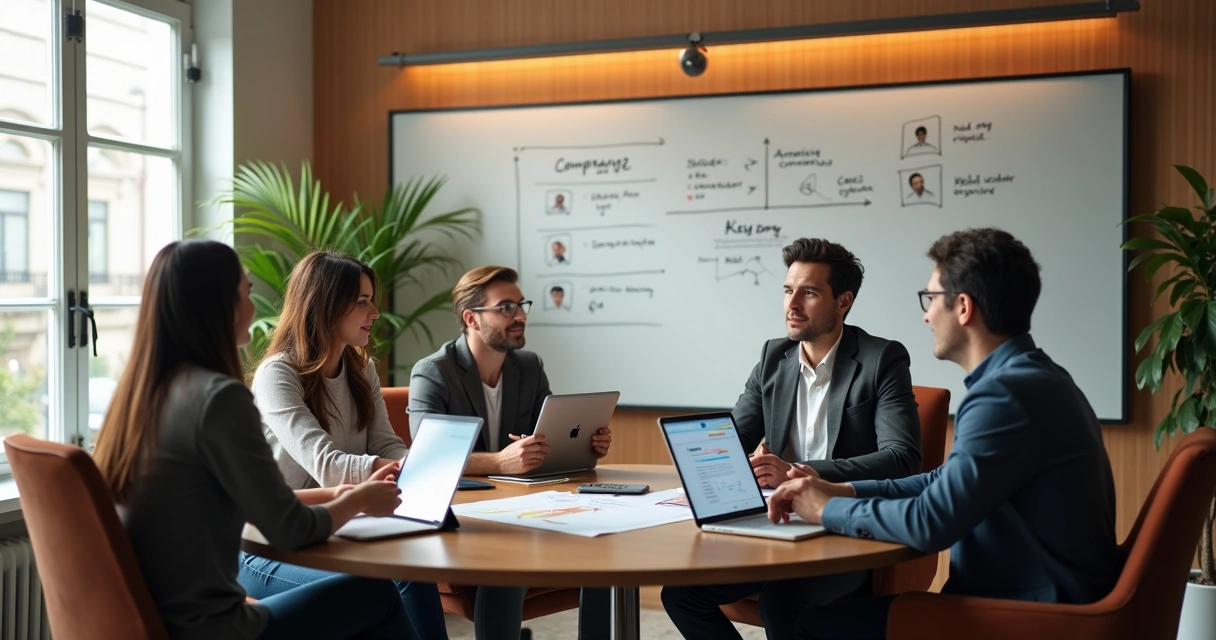 Equipe definindo o perfil de cliente ideal em reunião 