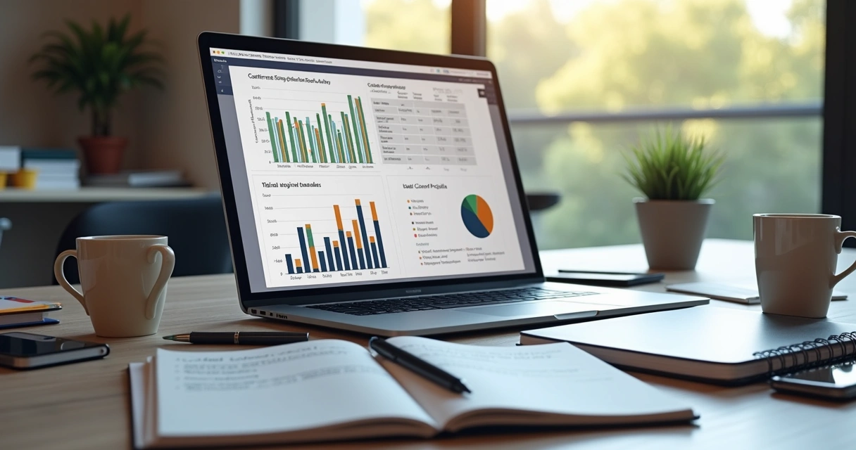 Mesa de trabalho com laptop exibindo gráfico de análise de clientes, anotações de perfil ideal em papel e xícara de café ao lado 