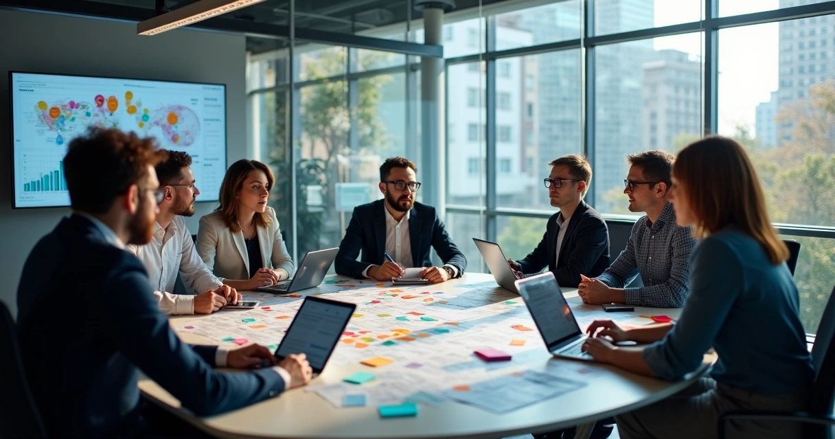 Equipe de negócios analisando dados de perfil de clientes em uma mesa redonda, com gráficos coloridos. 