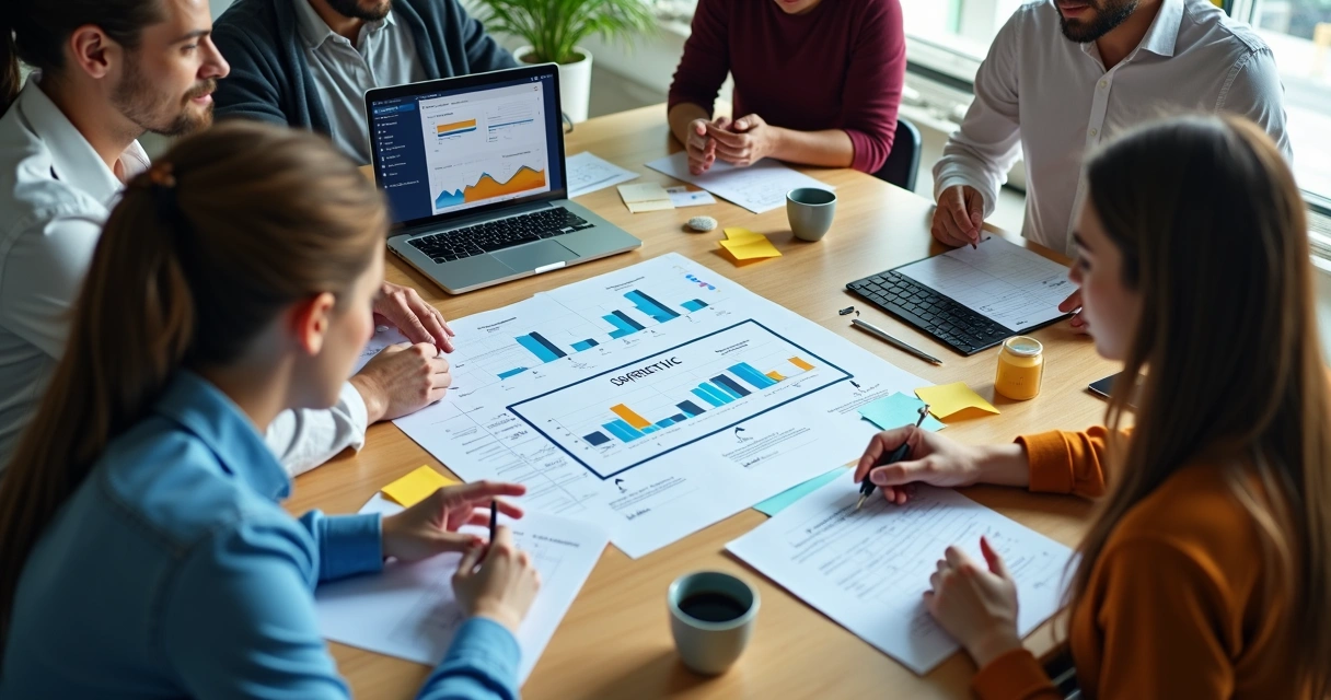 Equipe de marketing e vendas analisando informações sobre ICP na mesa 