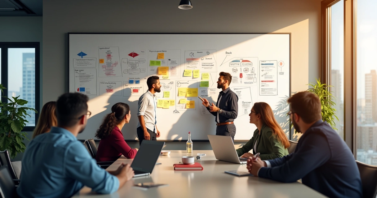 Equipe definindo metas e métricas colaborativamente 