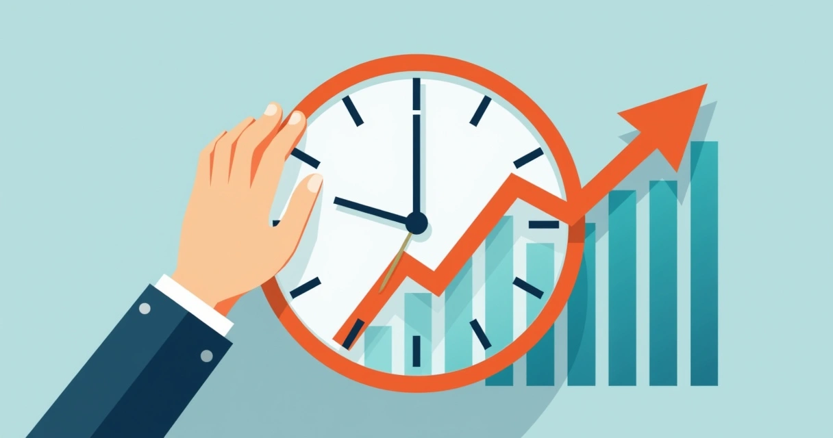 Mão ajustando ponteiros de um relógio com gráficos de vendas no fundo 