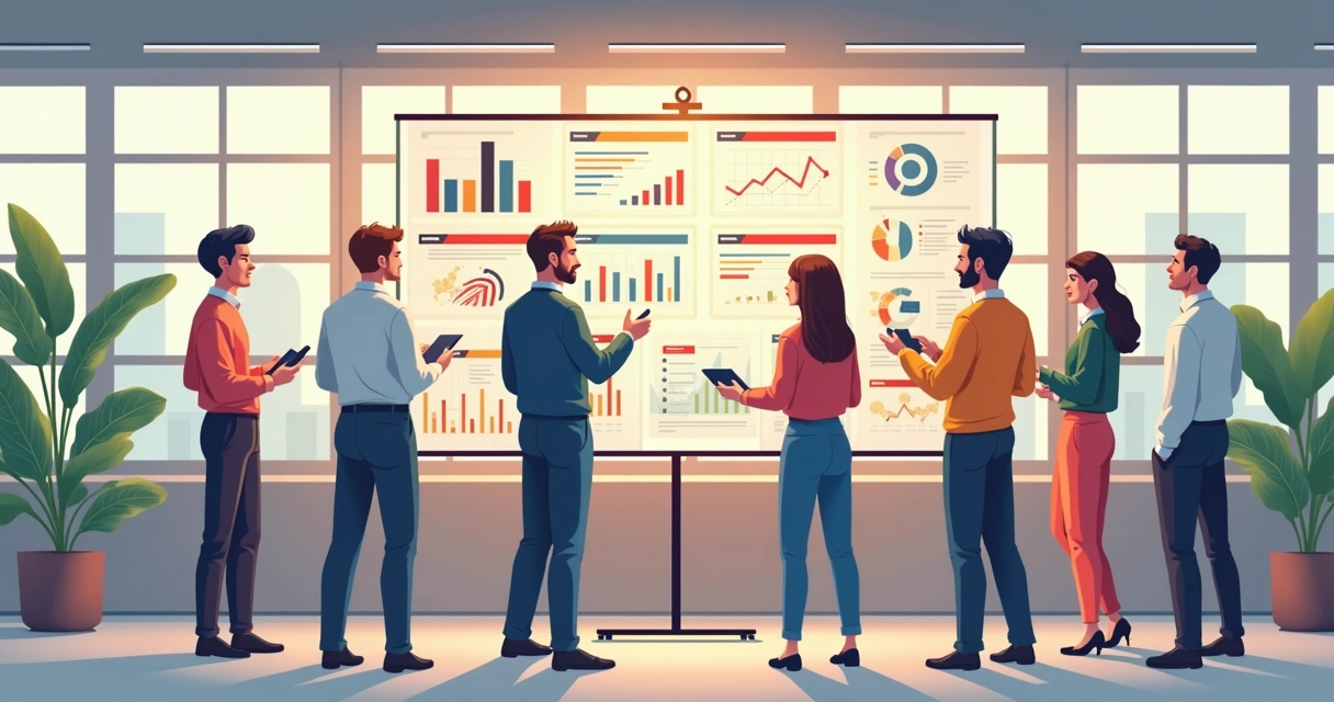 Equipe de vendas em reunião com quadro Kanban e gráficos de metas 