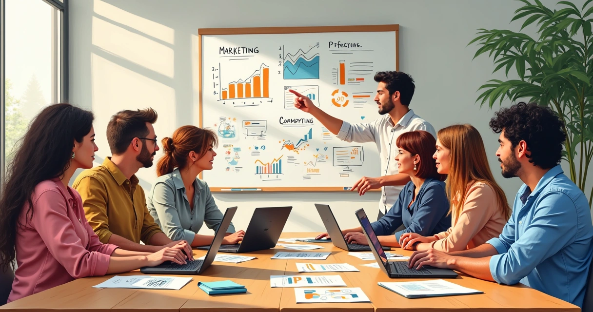 Equipe reunida discutindo metas de marketing 