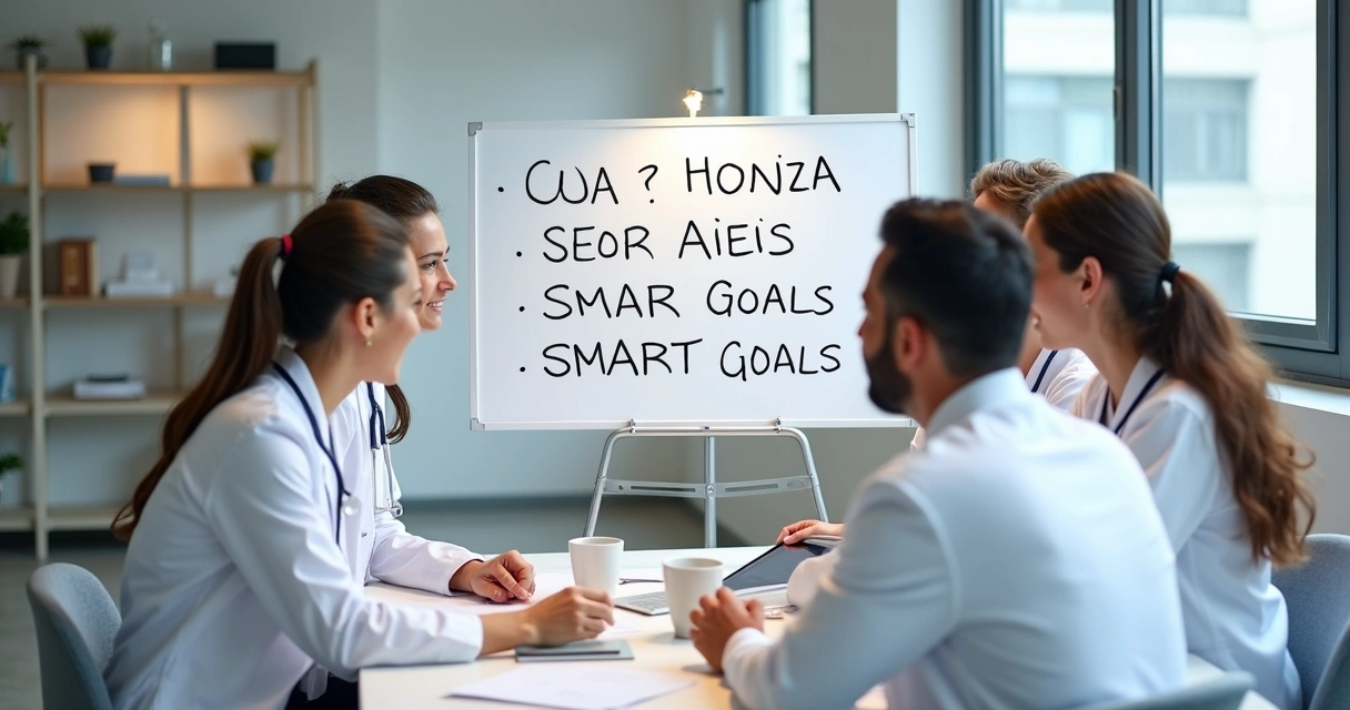 Lousa com metas SMART escritas e equipe odontológica reunida 