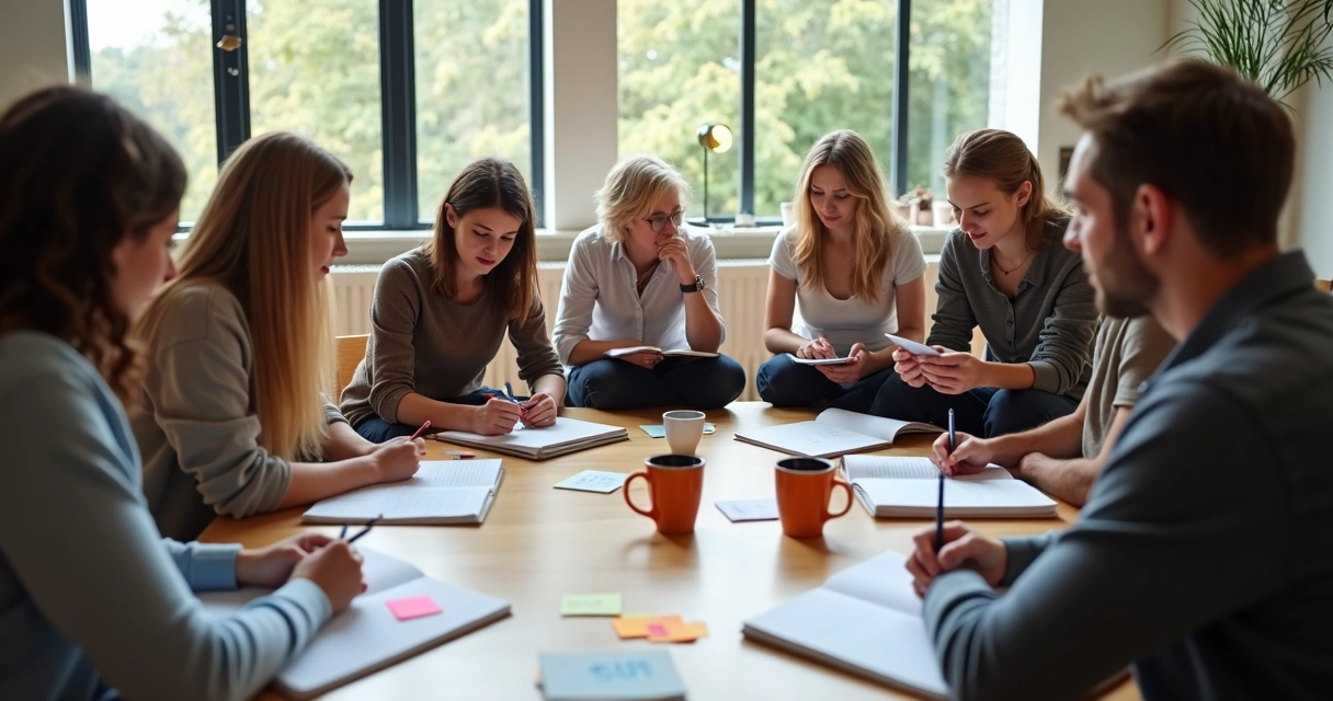 Grupo de pessoas em roda, cada uma escrevendo seus objetivos pessoais em um bloco de notas 
