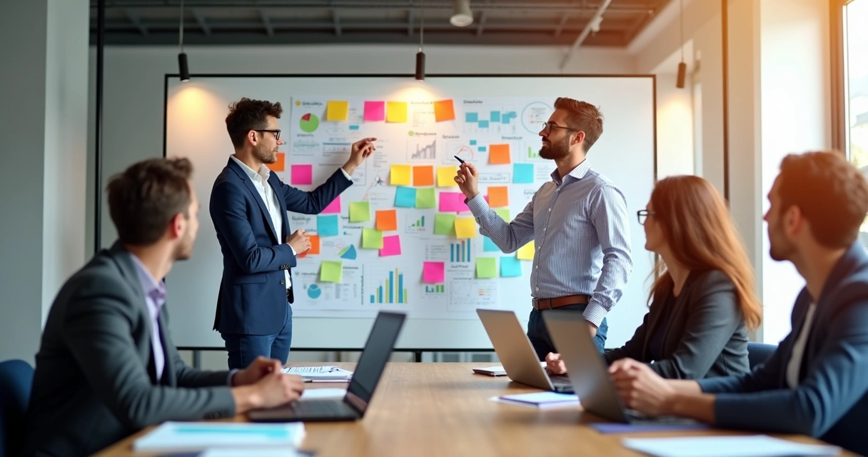 Equipe de trabalho em escritório moderno discutindo metas e métricas em quadro branco com gráficos e post-its coloridos 