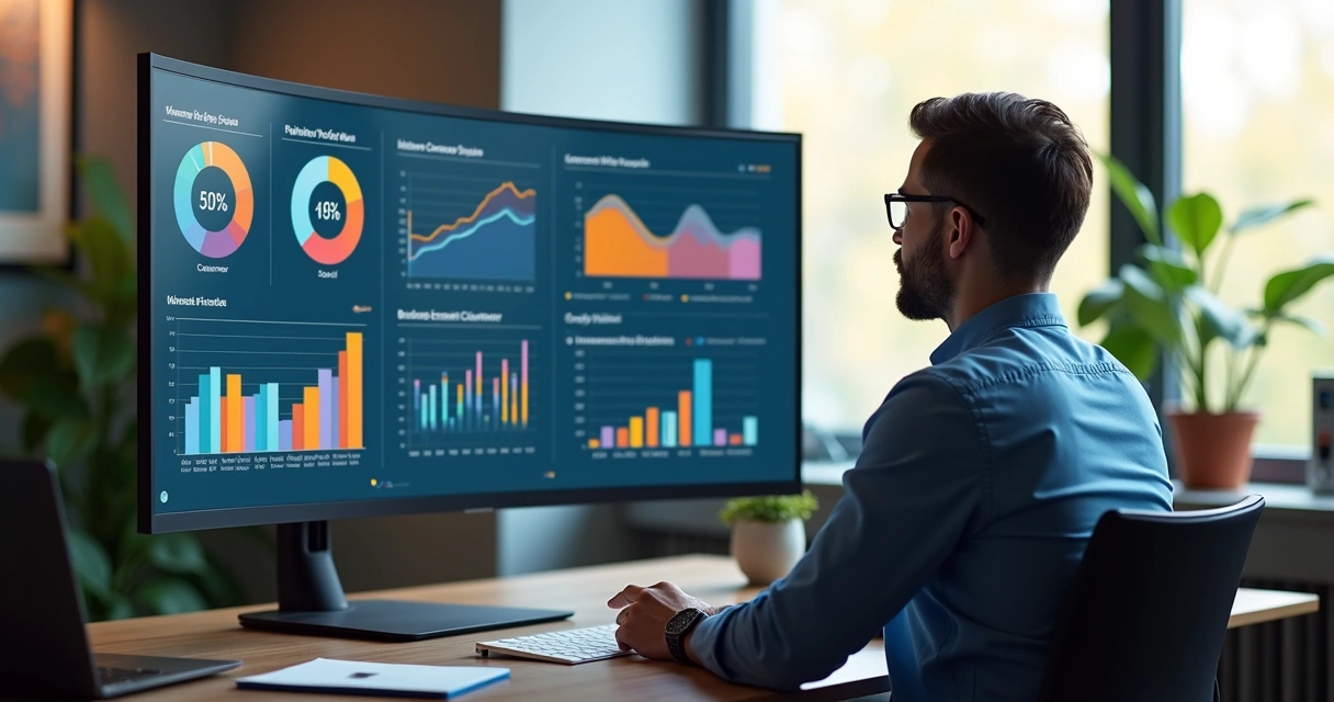 Pessoa analisando gráficos e dados de clientes em tela de computador para definir perfil ideal 