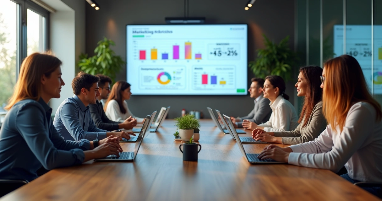 Equipe de marketing e vendas reunida ao redor de uma mesa com laptops e gráficos em tela de computador mostrando indicadores de SLA e CRM 