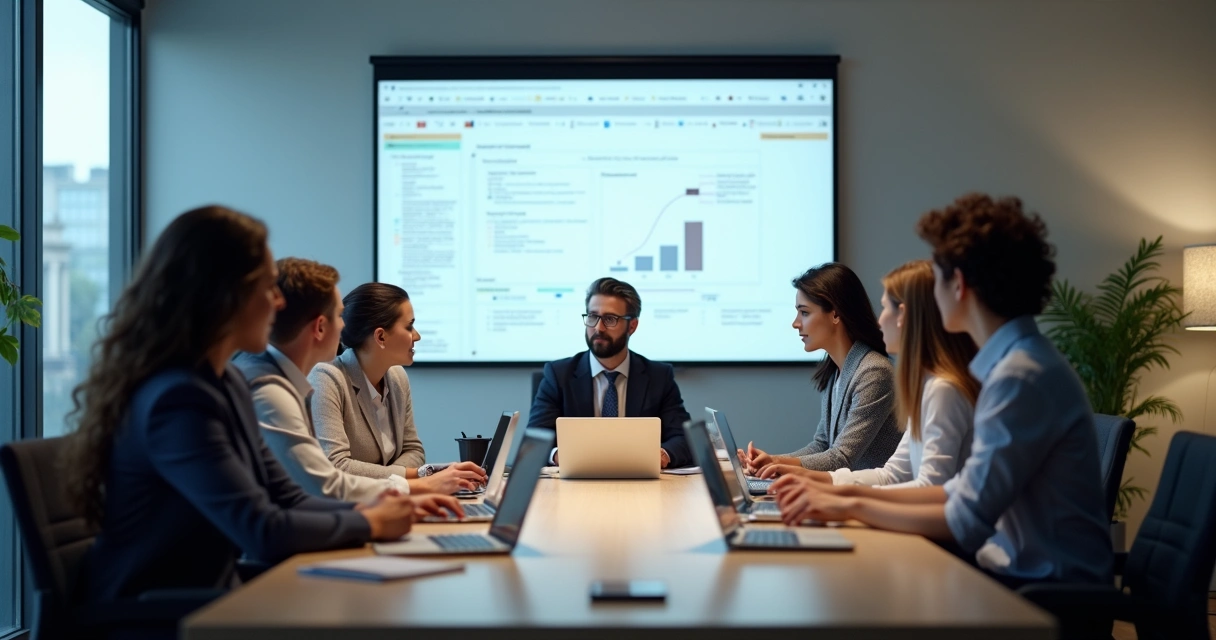 Equipe de TI reunida discutindo acordo de SLA em sala de reunião 