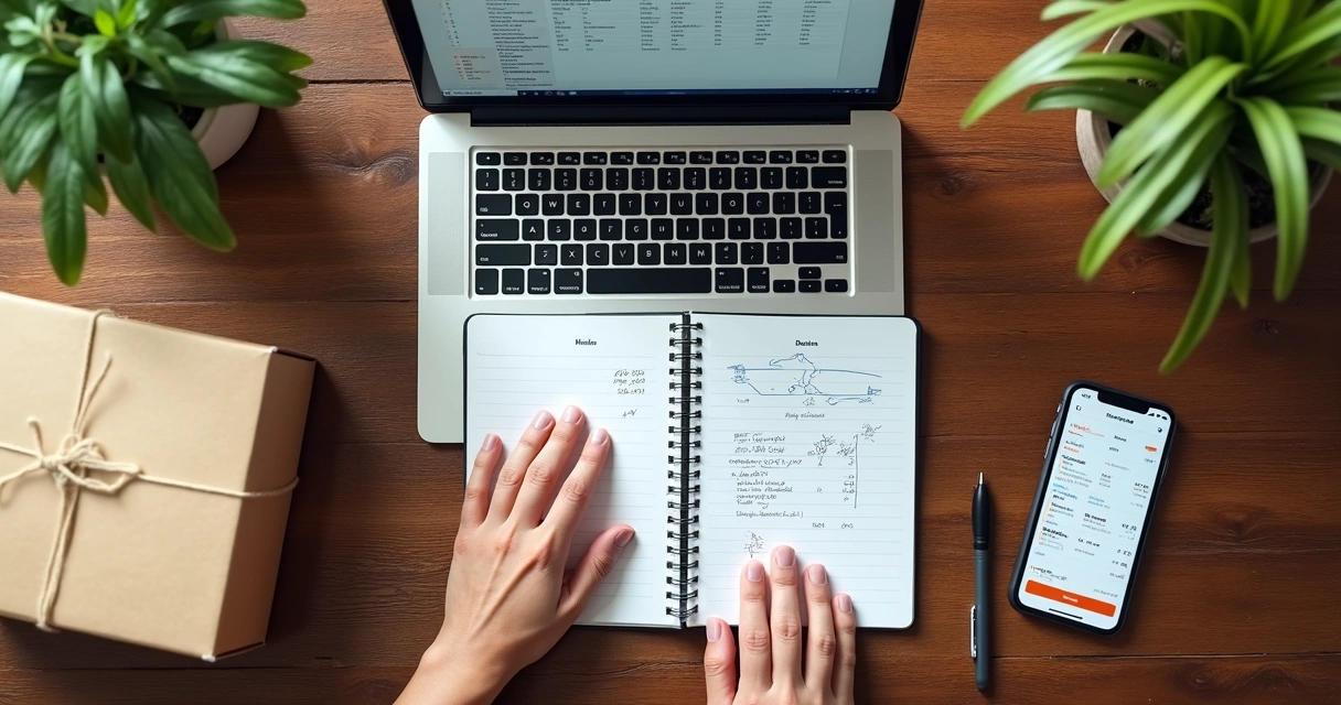 Pessoa calculando taxas de entrega em uma mesa com notebook, caderno e smartphone 