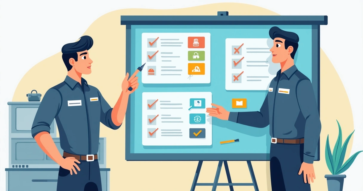 Técnico organizando listas com tipos de serviço em quadro digital 