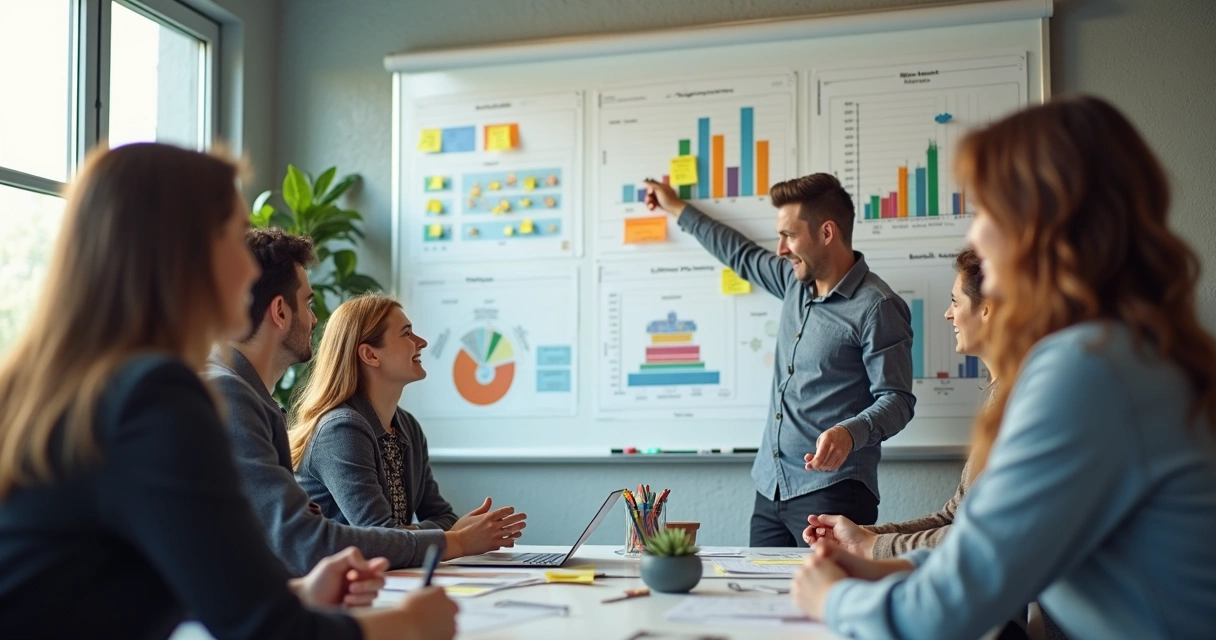 Gestor e equipe analisando quadro de metas 
