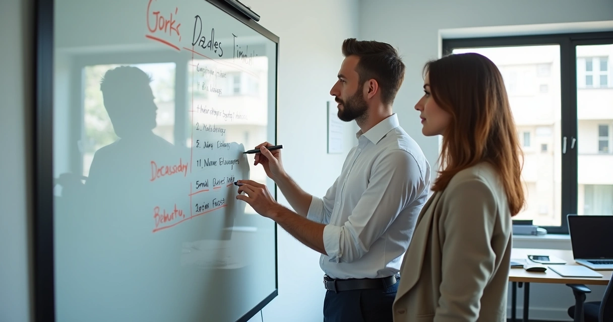 Duas pessoas em reunião de trabalho definindo metas na lousa 