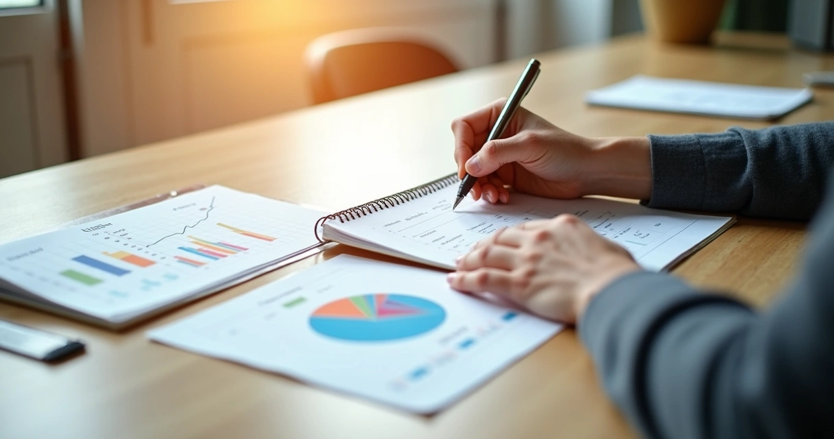 Pessoa escrevendo metas em um caderno aberto com gráficos e calendário ao lado em mesa de madeira clara 