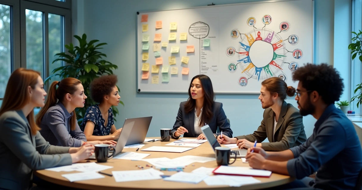 Equipe SaaS reunida em mesa redonda, analisando papéis e gráficos 