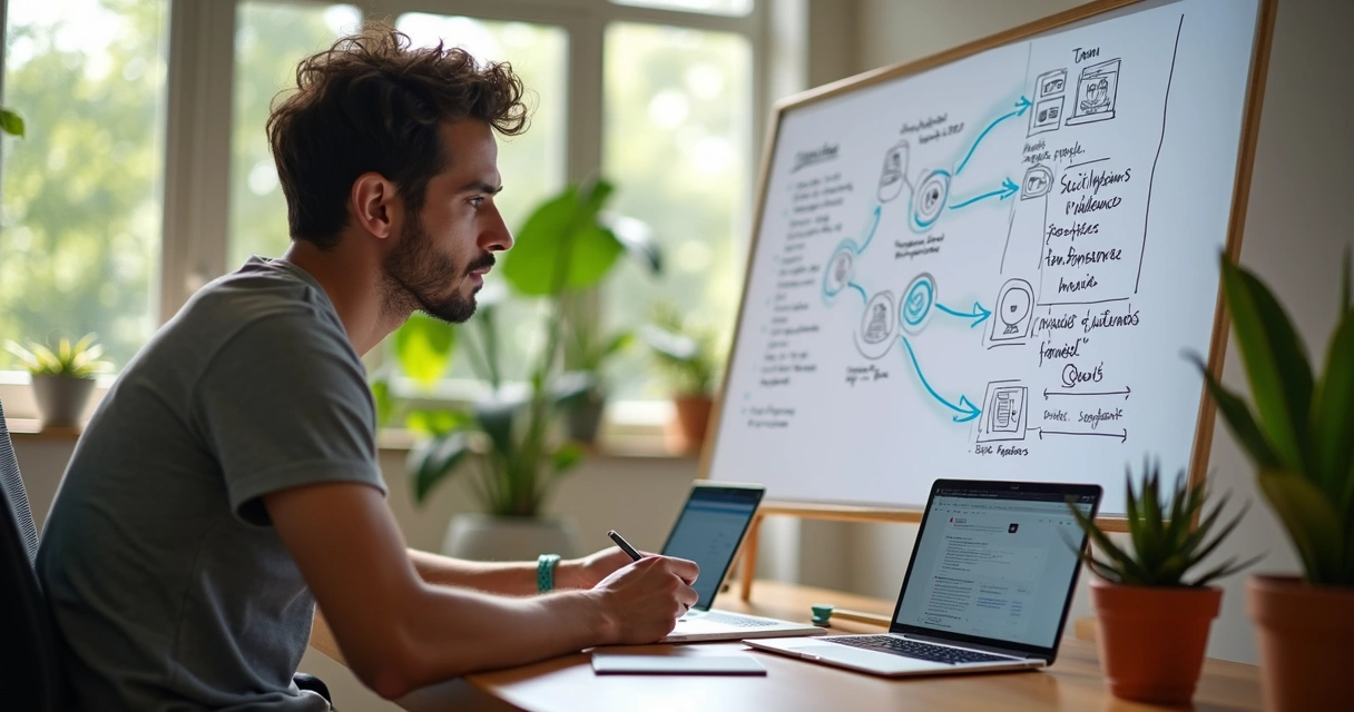 Empreendedor sentado à mesa escrevendo estratégias em um quadro branco 