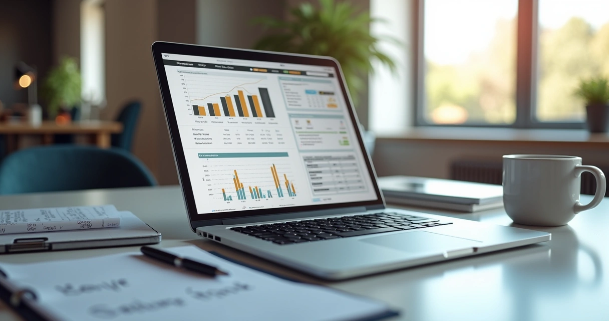 Mesa moderna com laptop aberto mostrando gráficos financeiros e planilha de preços, caneca de café e anotações ao redor 