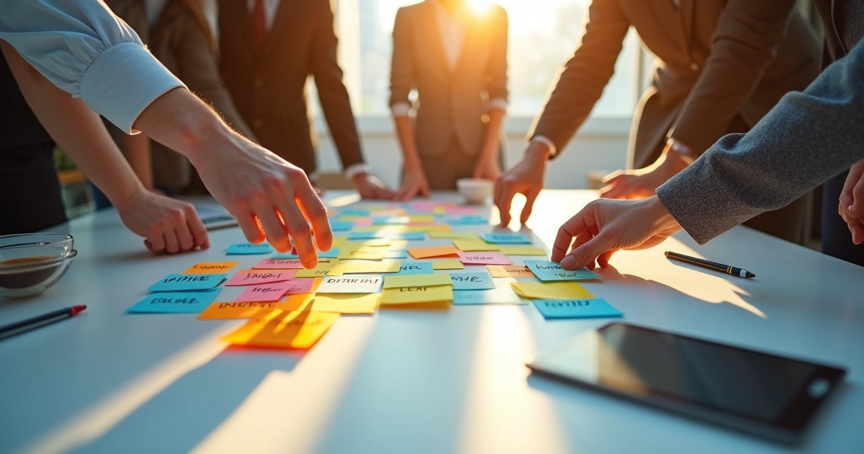 Conjunto de pessoas ao redor de uma mesa, brainstorm, escrevendo ideias de valor em post-its coloridos 